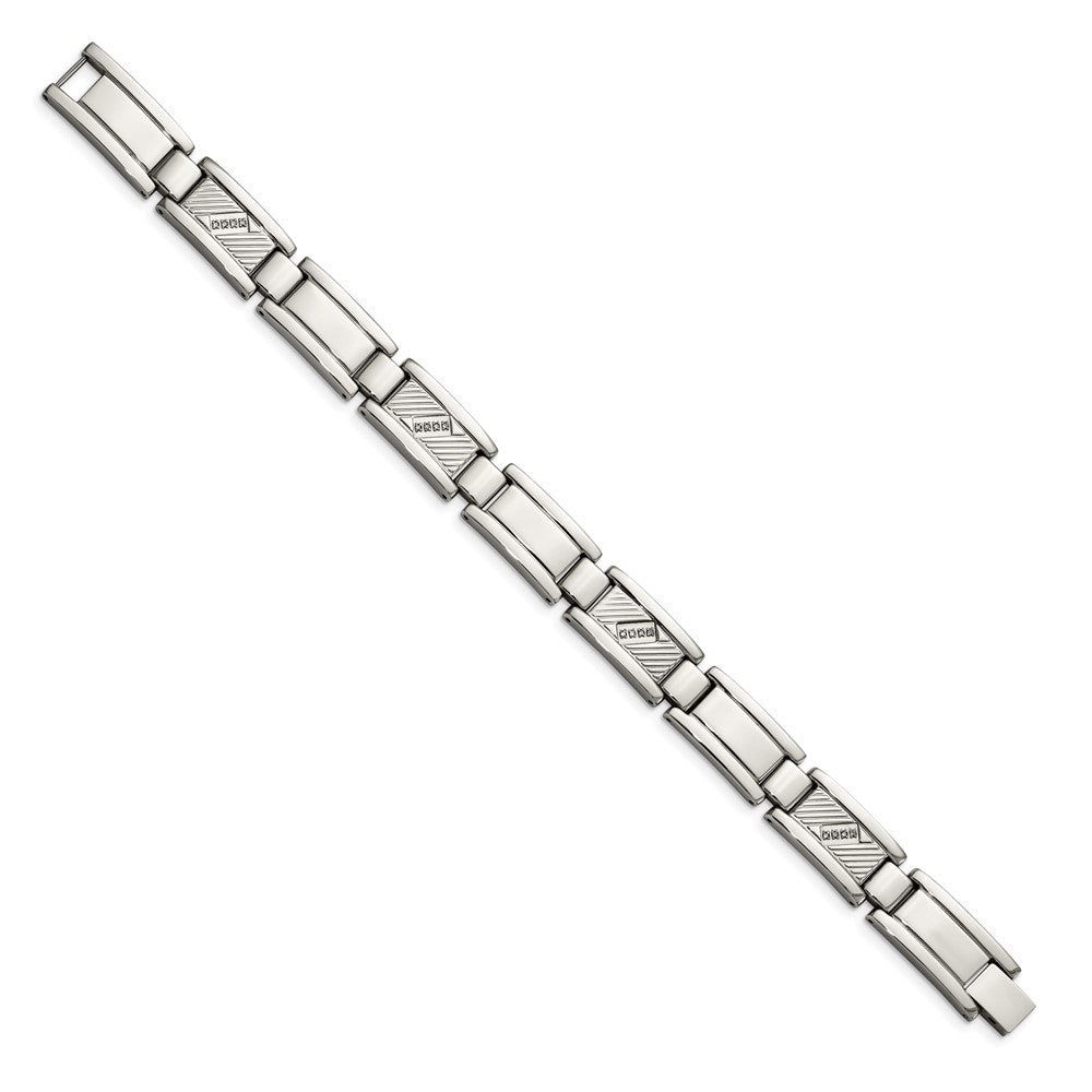 Stainless Steel Polished and Textured w/Diamonds 8.5in Bracelet 8.5 inches