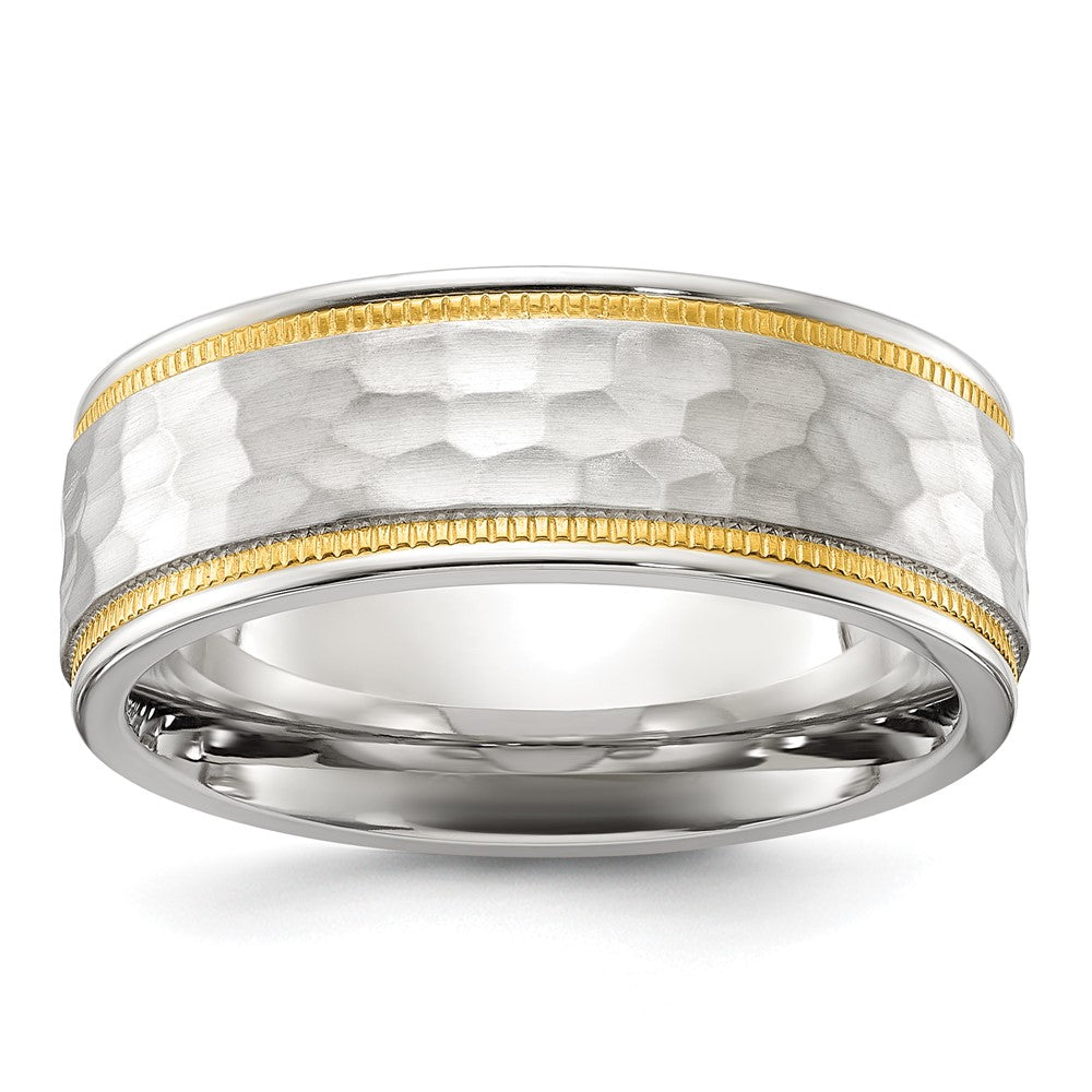 Chisel Stainless Steel Brushed and Polished Hammered Yellow IP-plated 8mm Band Size - 11.5