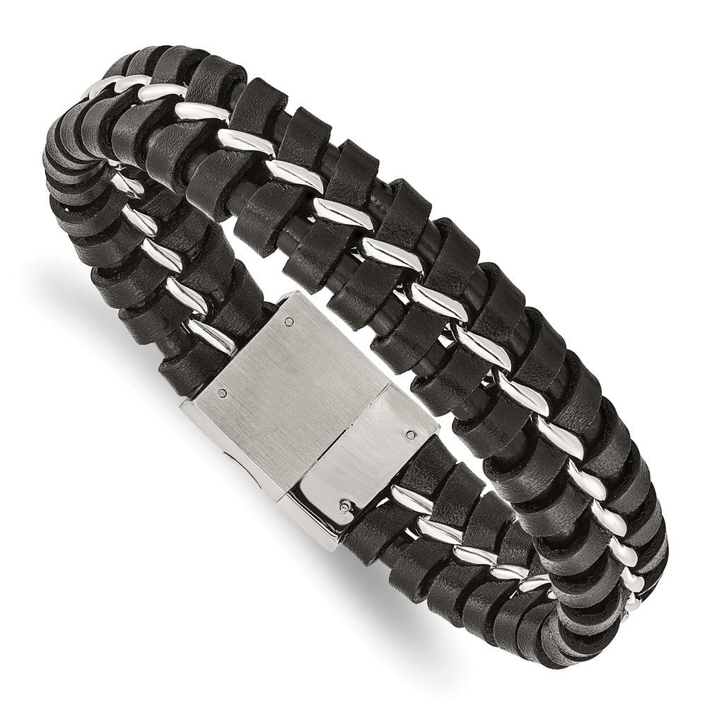 Stainless Steel Brushed and Polished Black Leather 9in Bracelet 9 inches
