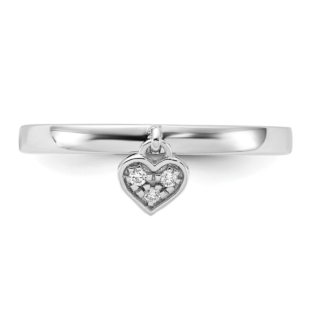 Sterling Silver Rhodium Plated Diamond Heart Dangle Stackable Ring
