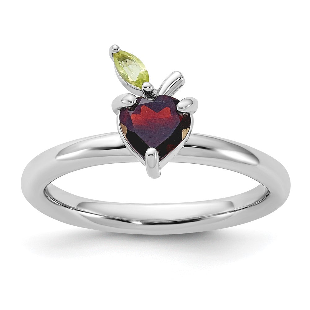Sterling Silver Stackable Expressions RH-plated Garnet Peridot Apple Ring Size -9