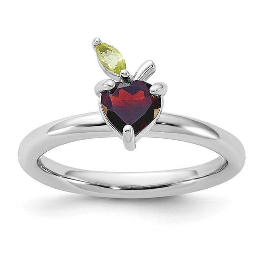 Sterling Silver Stackable Expressions RH-plated Garnet Peridot Apple Ring Size -9