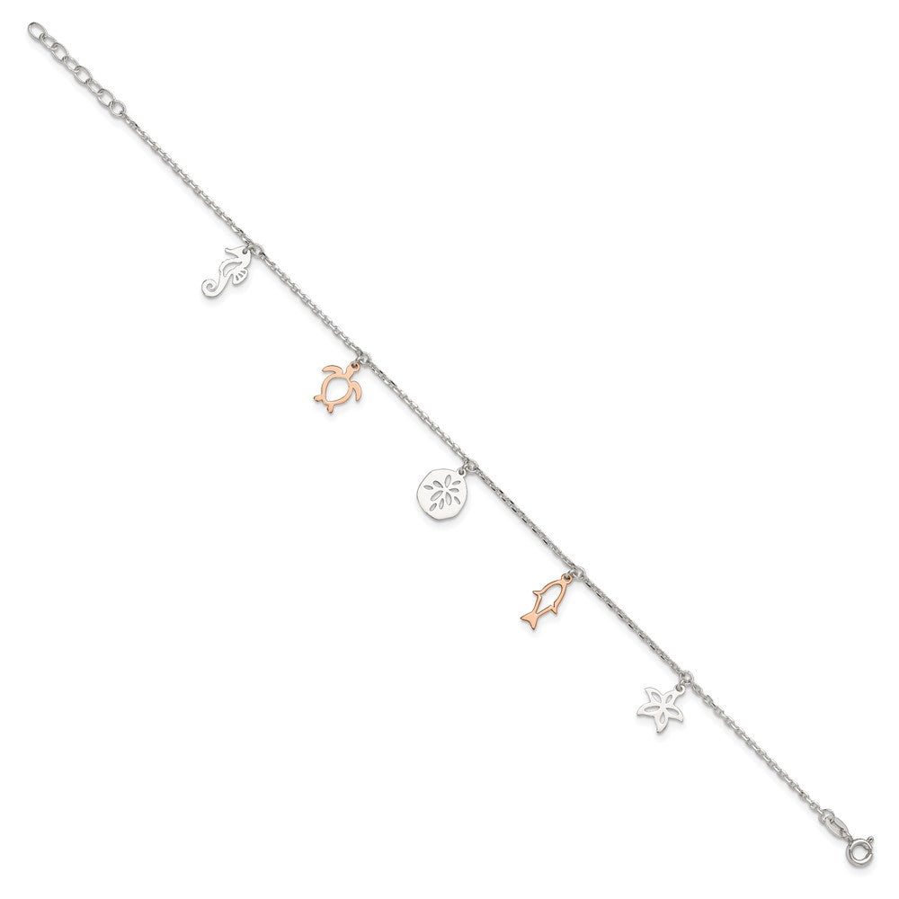 Sterling Silver Rose-tone Seashore Dangles 9in Plus 1in Ext. Anklet 9 inches