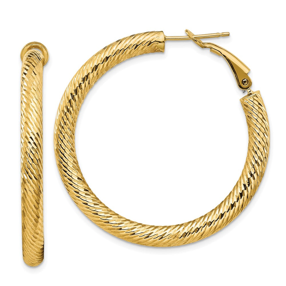 14k 4x30mm Diamond-cut Round Omega Back Hoop Earrings
