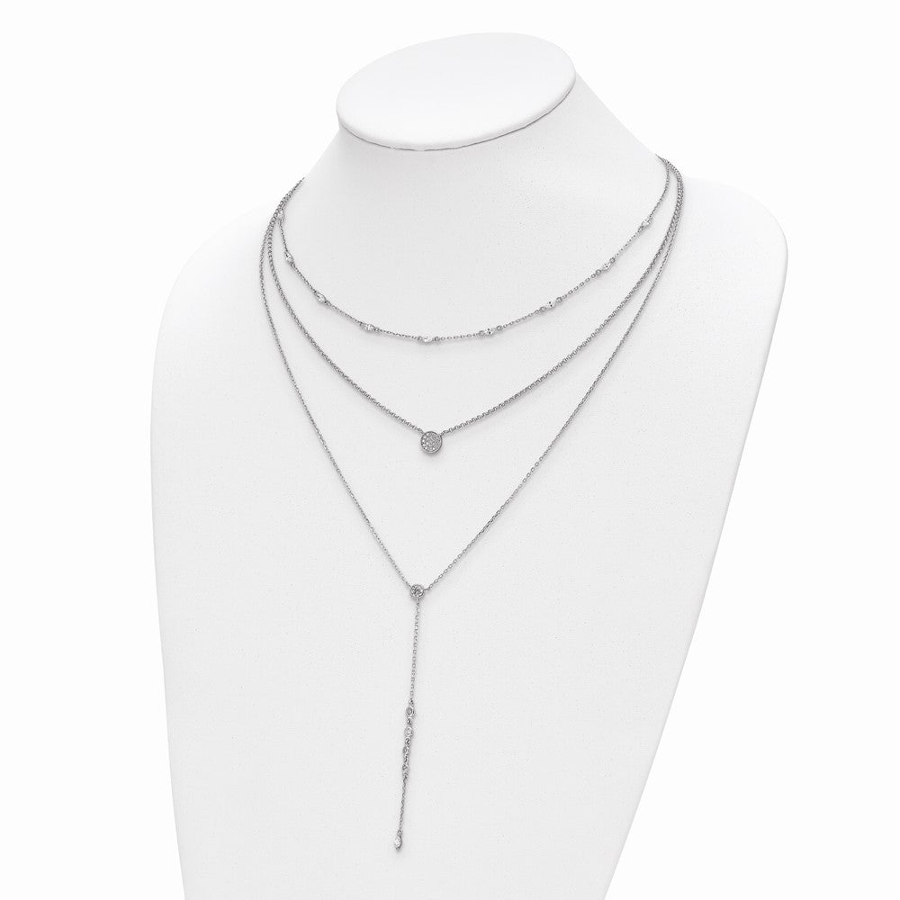 Sterling Shimmer Sterling Silver Rhodium-plated Adjustable up to 28 inches 61 Stone CZ 3 Strand Layer Y-Drop Necklace 28 Inches