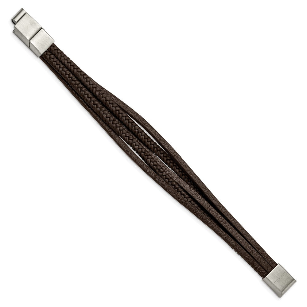 Stainless Steel Polished Brown PU Leather Multi Strand w/.5in ext Bracelet 8 inches