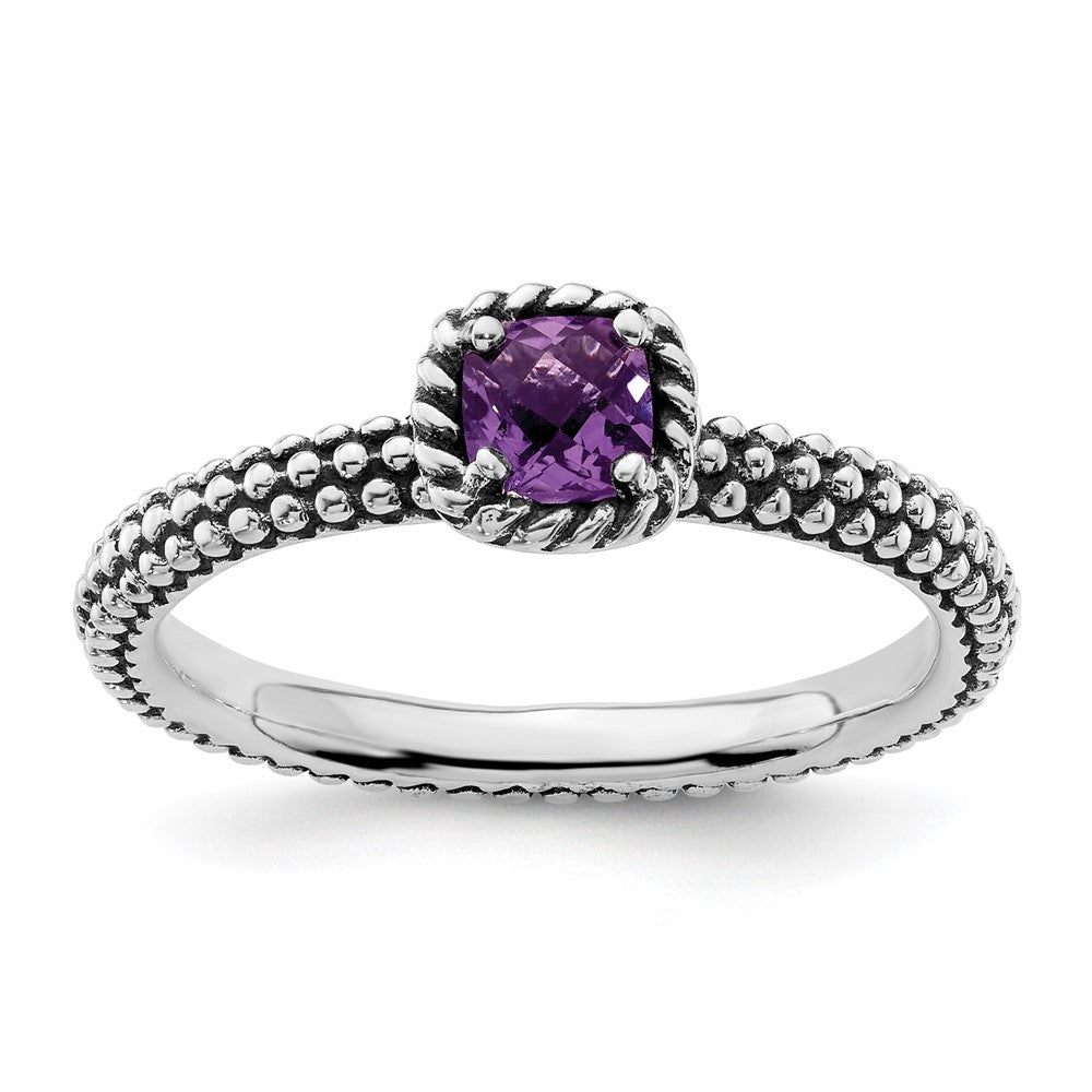Sterling Silver Stackable Expressions Checker-cut Amethyst Antiqued Ring Size -6