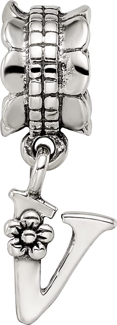 925 Sterling Silver Polished Artisan Oxidized Reflections Letter Name Personalized Monogram Initial V Dangle Bead Charm