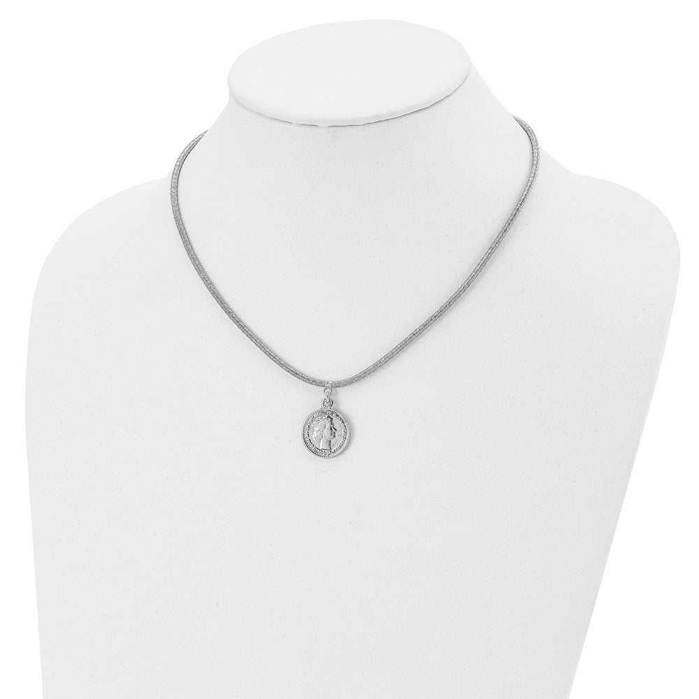 SS Rhod-plat Polished Elizabeth II Medal w/1.5 in ext. Necklace