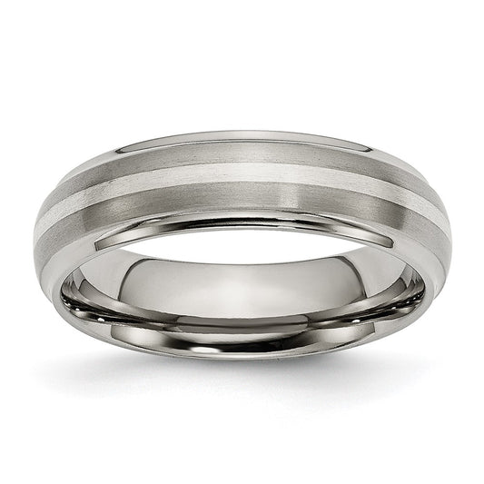 Titanium Brushed Center w/Sterling Silver Inlay 6mm Ridged Edge Band Size - 12