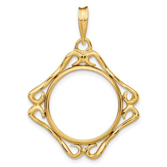 Wideband Distinguished Coin Jewelry 14k Polished Cushion Shape Scroll 17.8mm Prong Coin Bezel Pendant