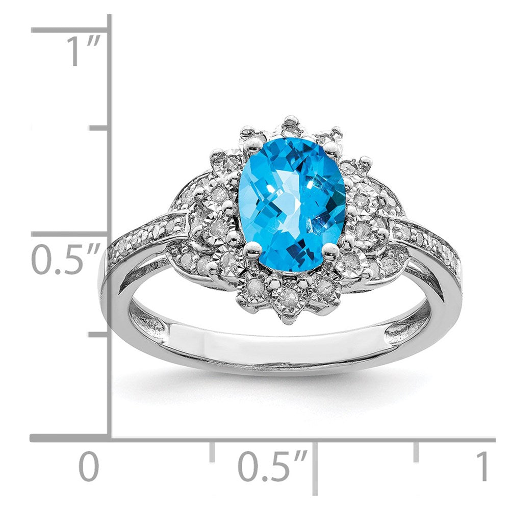 Sterling Silver Rhodium Diam. & Oval Checker-Cut Blue Topaz Ring