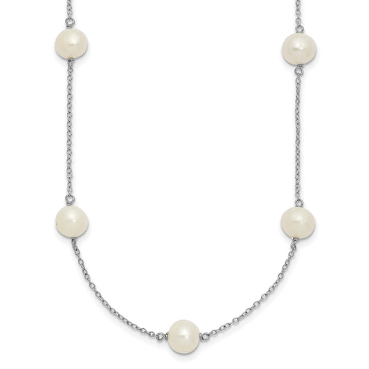 Sterling Silver Rhodium-plated 7-8mm White Near-Round Freshwater Cultured Pearl 9-Station 16 inch Necklace 16 Inches