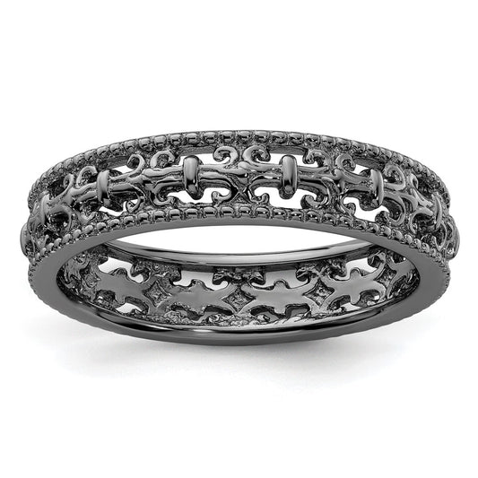 Sterling Silver Stackable Expressions Black-plated Carved Band Size -10
