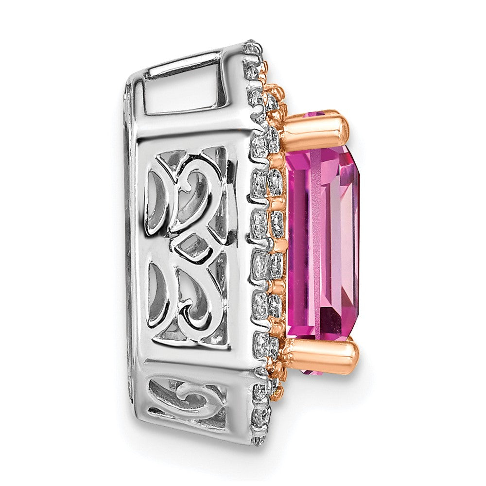 14k Two Tone Rose and White Gold 5/8 carat Lab Grown Diamond VS/SI+ G+ and Lab Created Pink Sapphire Chain Slide Pendant