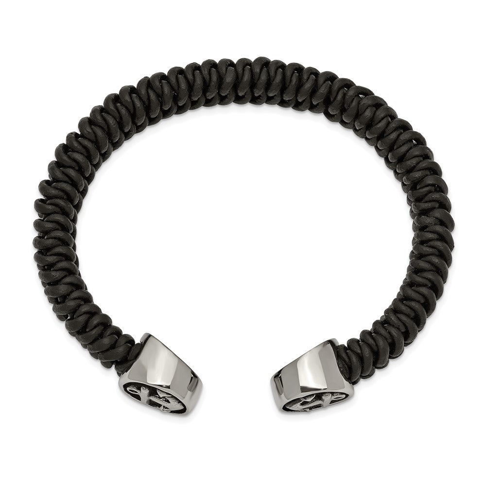 Stainless Steel Antiqued & Polished Black Leather Anchor Cuff Bangle