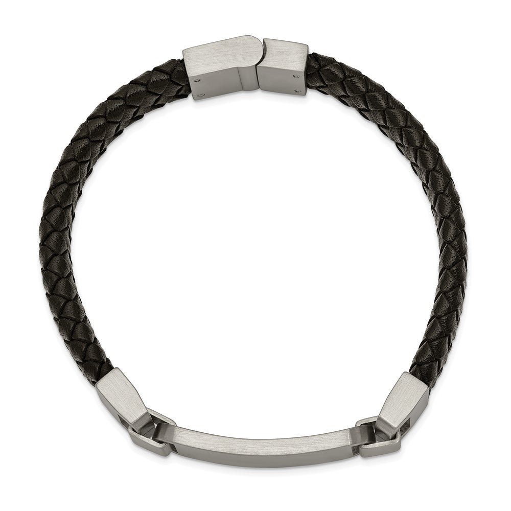 Stainless Steel Brushed Black Leather 8.5in ID Bracelet 8.5 inches