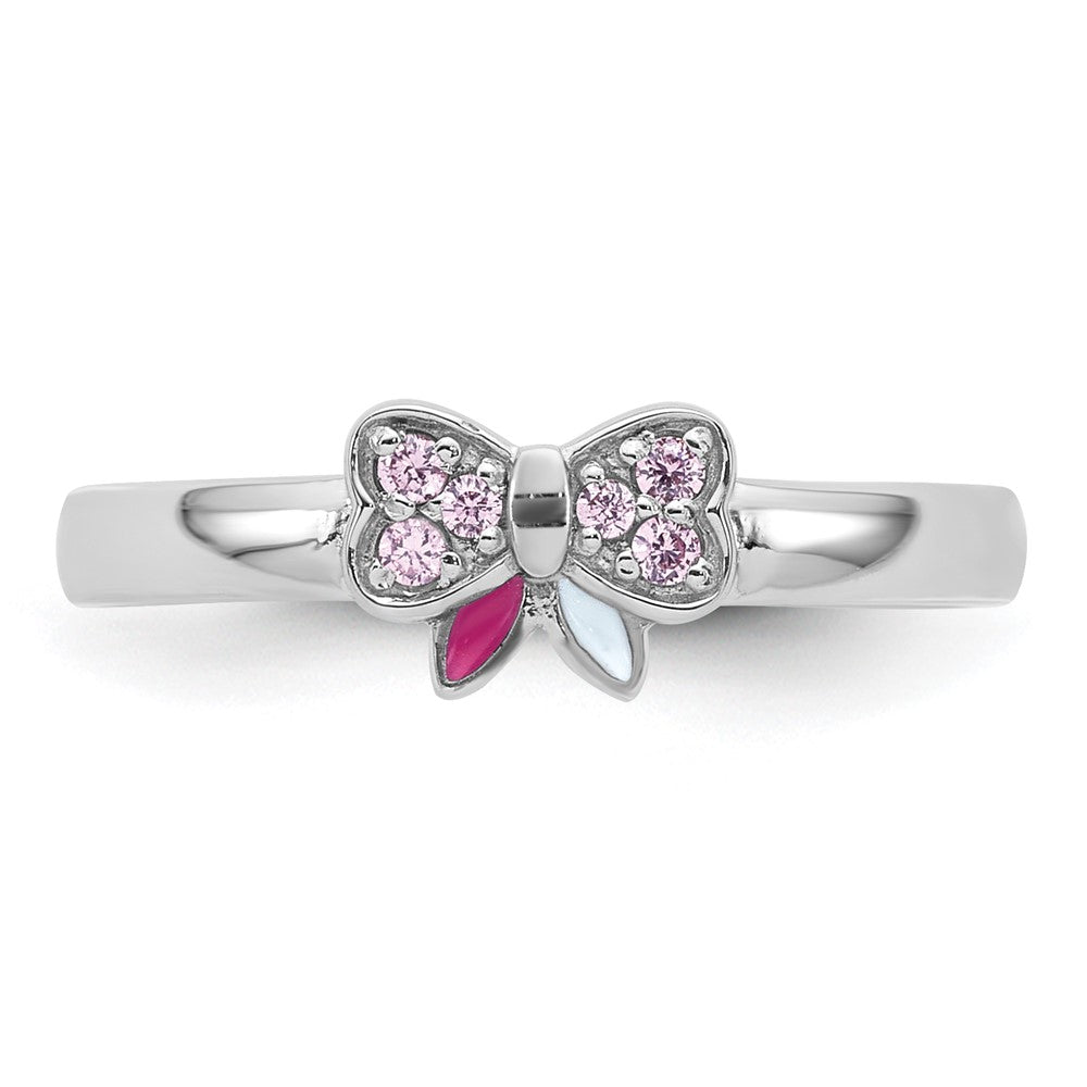 Sterling Silver Rhodium-plated Children's Size 4 Pink CZ with Pink and White Enamel Bow Ring