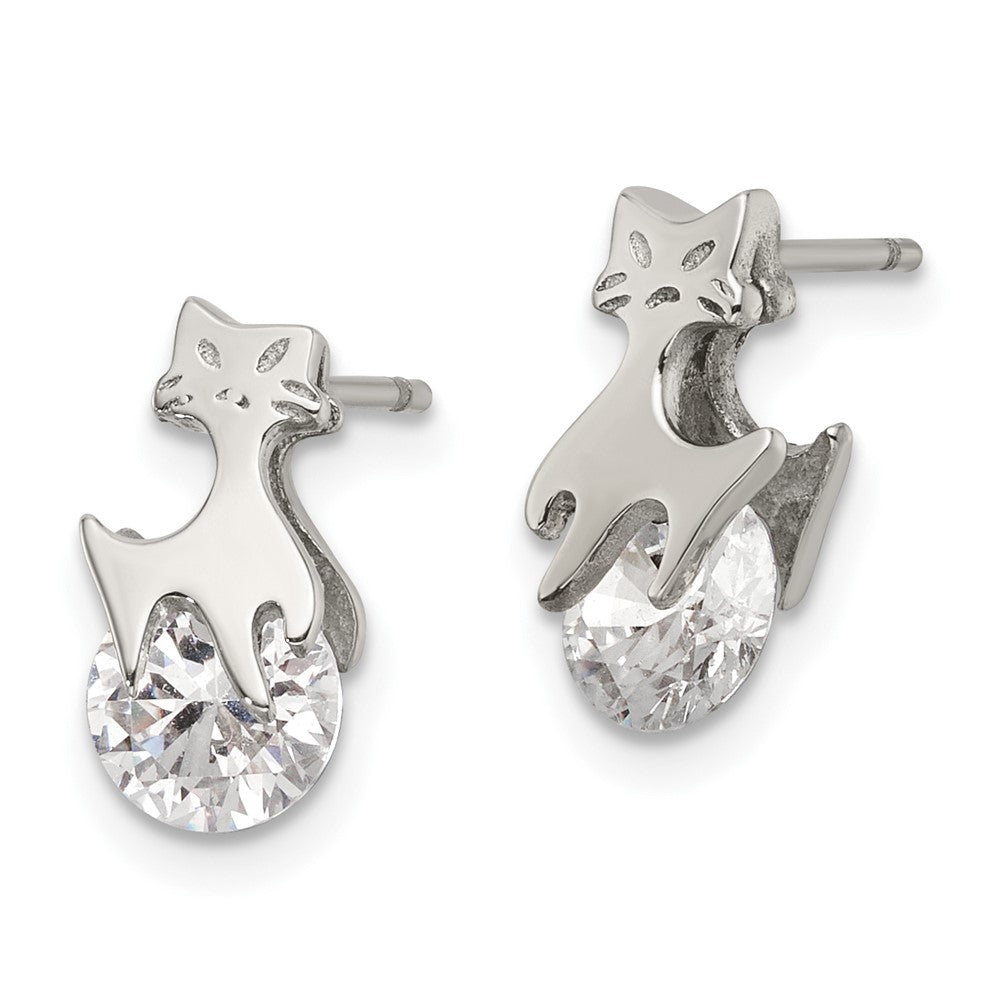 Stainless Steel Polished w/CZ Cat Post Earrings