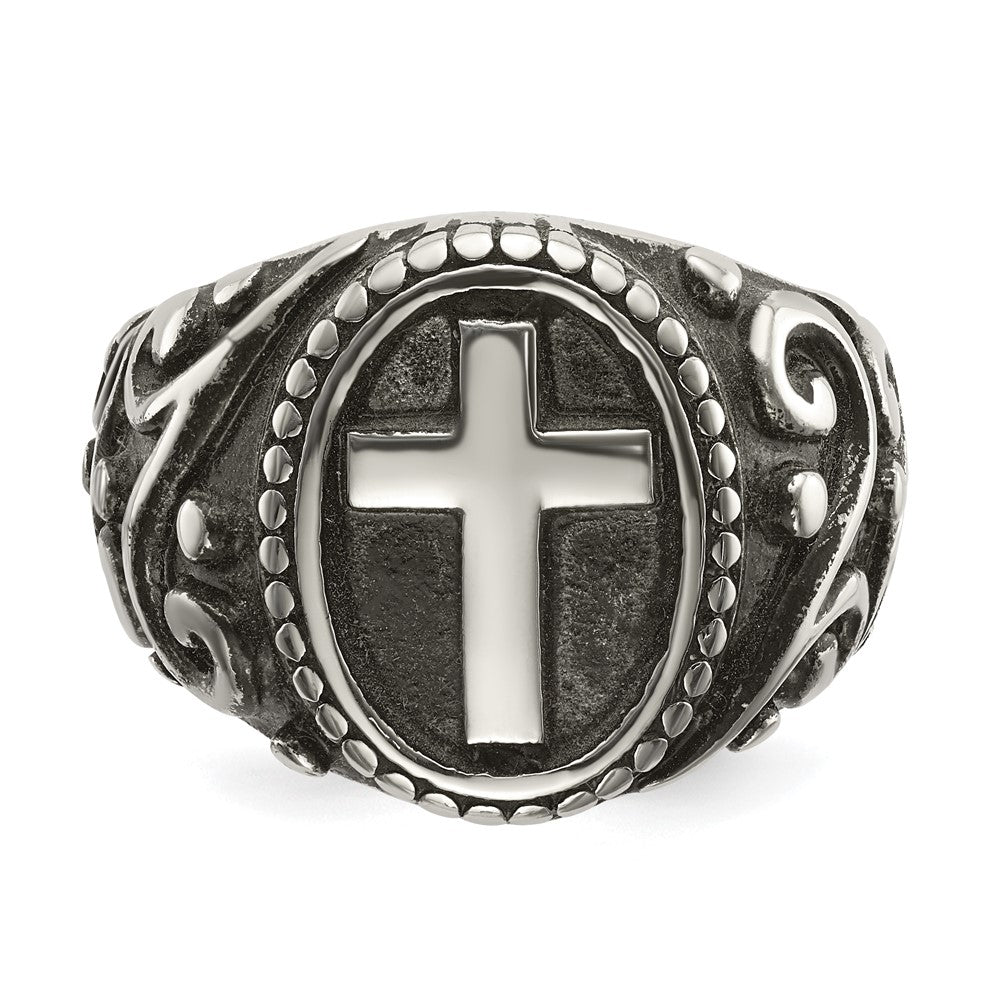 Stainless Steel Antiqued and Polished Cross Ring Size - 12