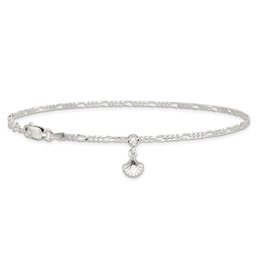 Sterling Silver Polished Shell 9in Plus 1in Ext. Anklet 9 inches