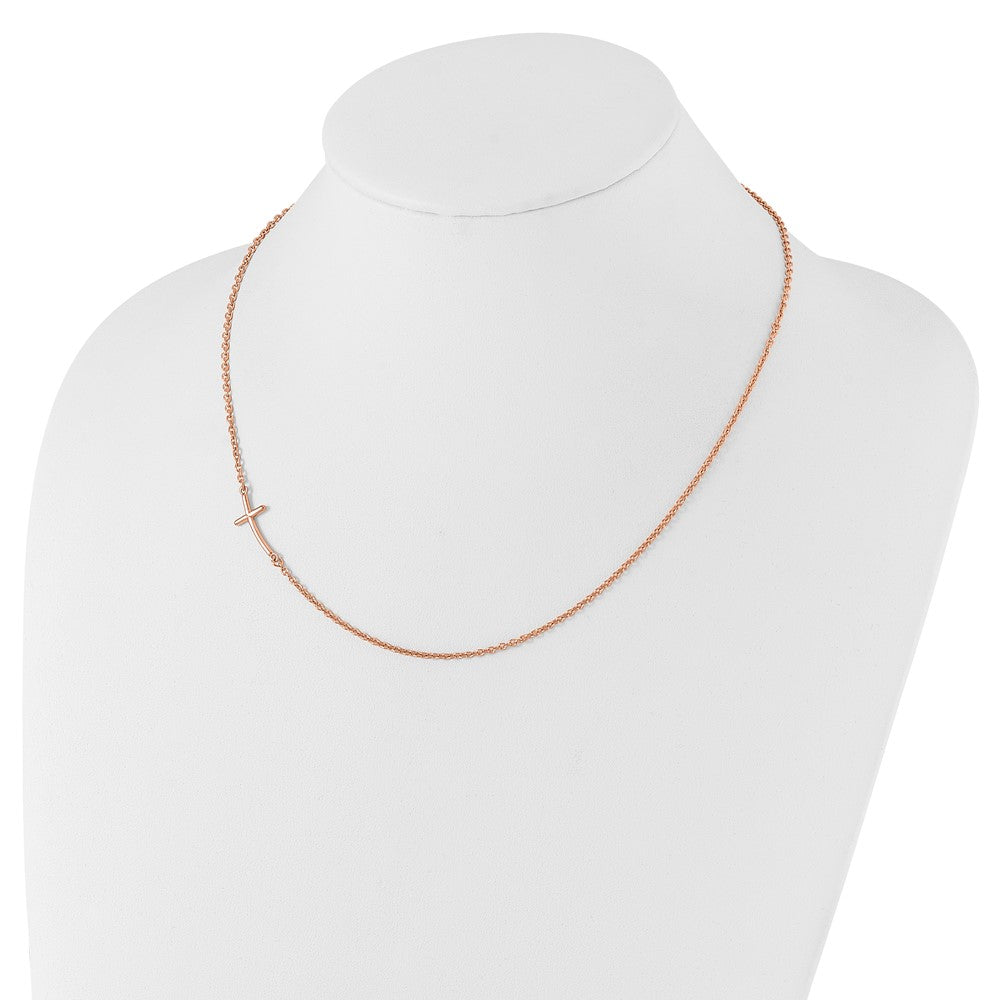 Sterling Silver RG-plated Small Off-Set Sideways Curved Cross Necklace 19 Inches