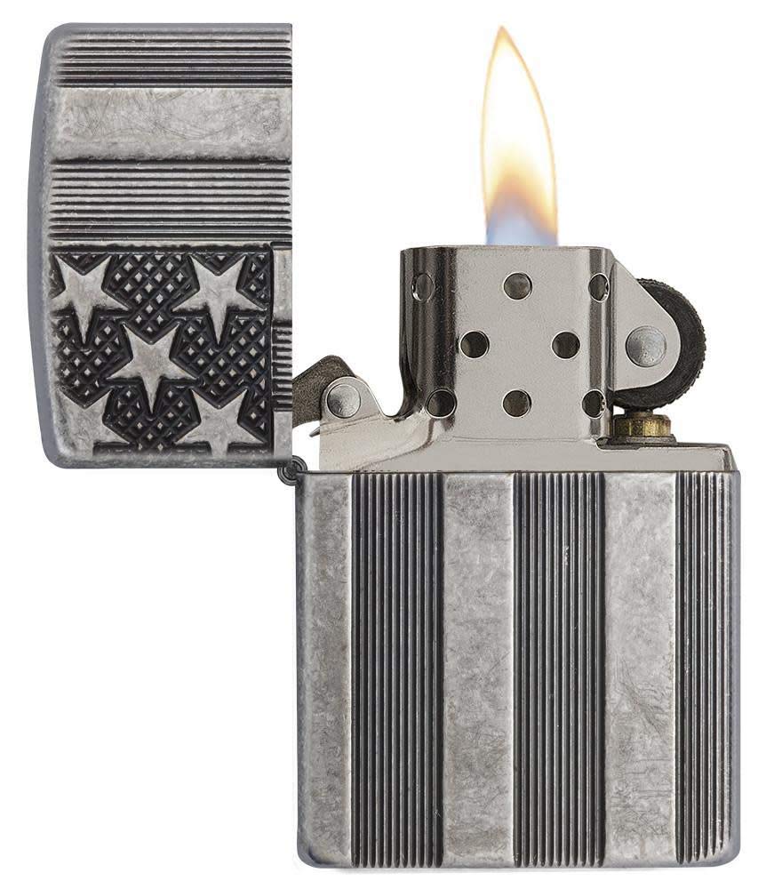 Zippo Armor Antique Silver Plate American Flag Pocket Lighter