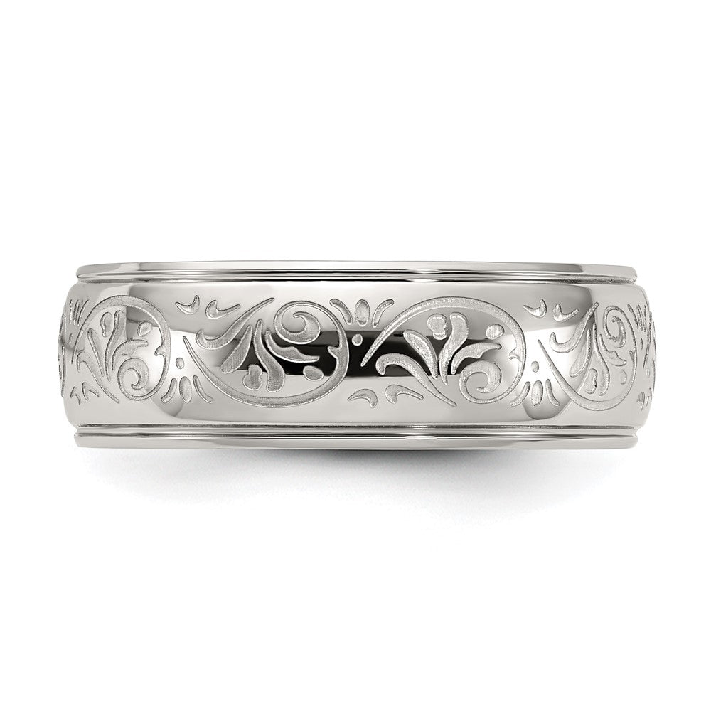 Stainless Steel Polished Etched Design Ridged Edge 7.5mm Band Size - 7.5