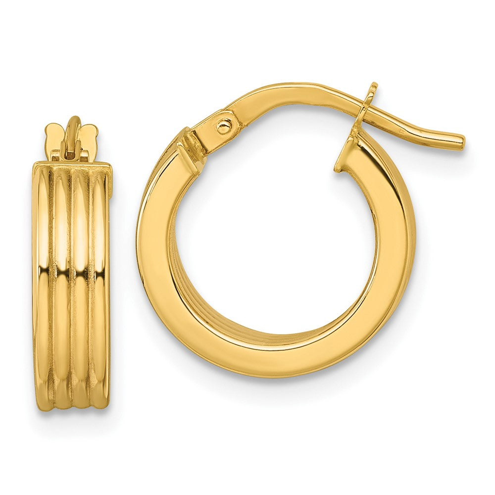 10K Polished and Grooved 4.00 x 15mm Tube Hoop Earrings