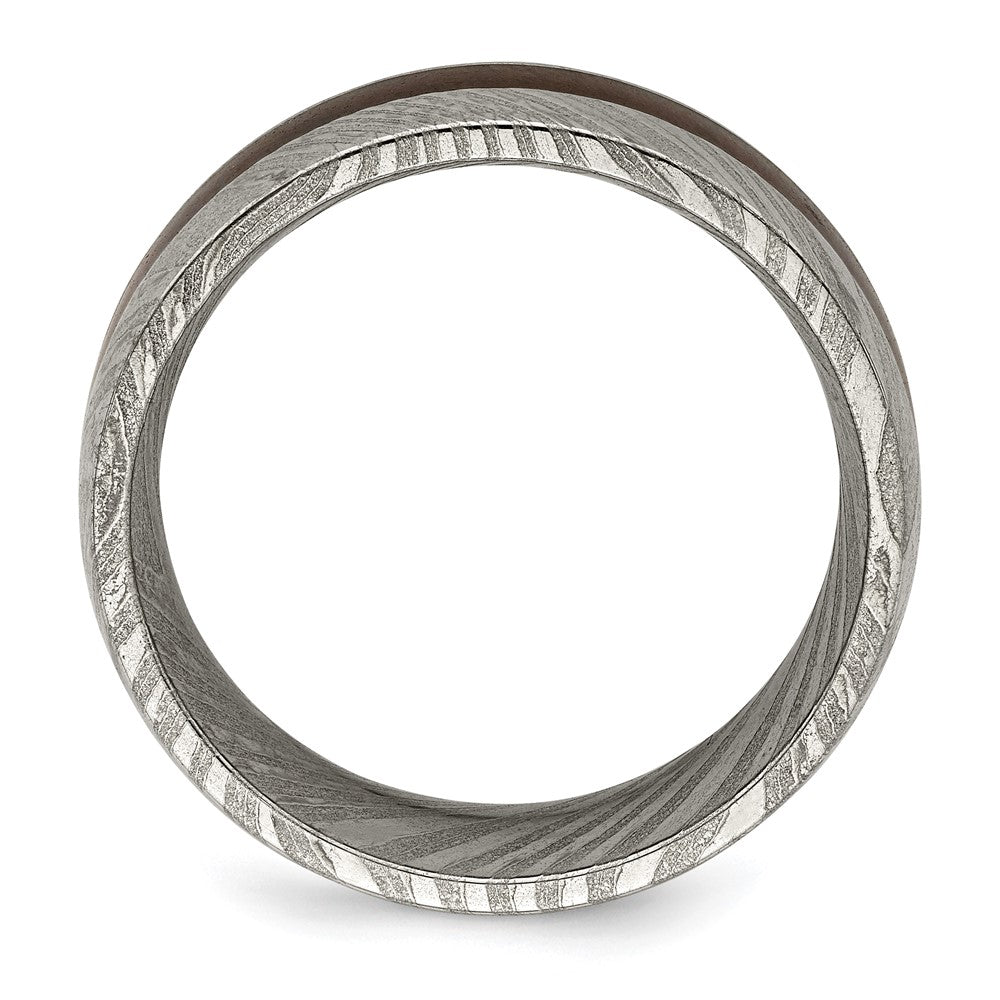 Damascus Steel Polished with Ebony Wood Inlay 8mm Band Size - 12.5
