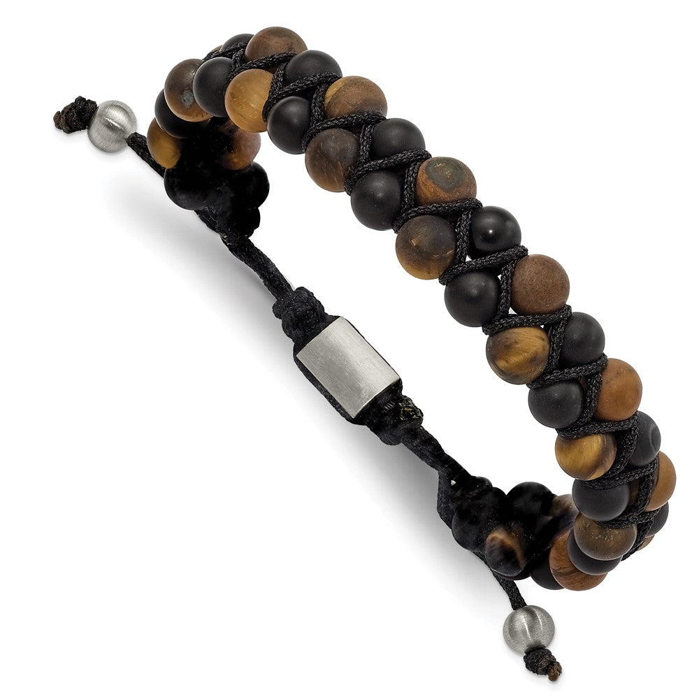 Stainless Steel Brushed Tiger's Eye/Black Agate Adjustable Bracelet 9 inches