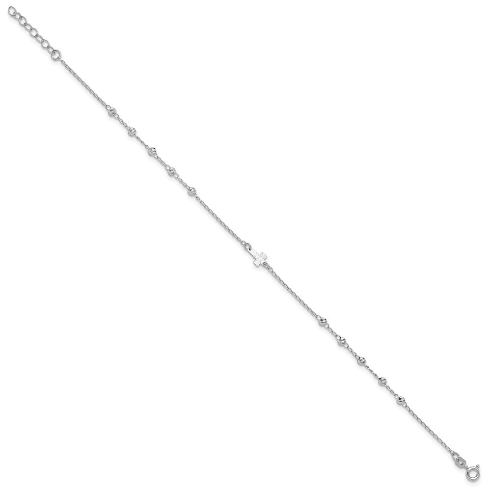 Sterling Silver Rhod-plated Diamond-cut Beads 9in Plus 1in Ext. Cross Ankle 9 inches