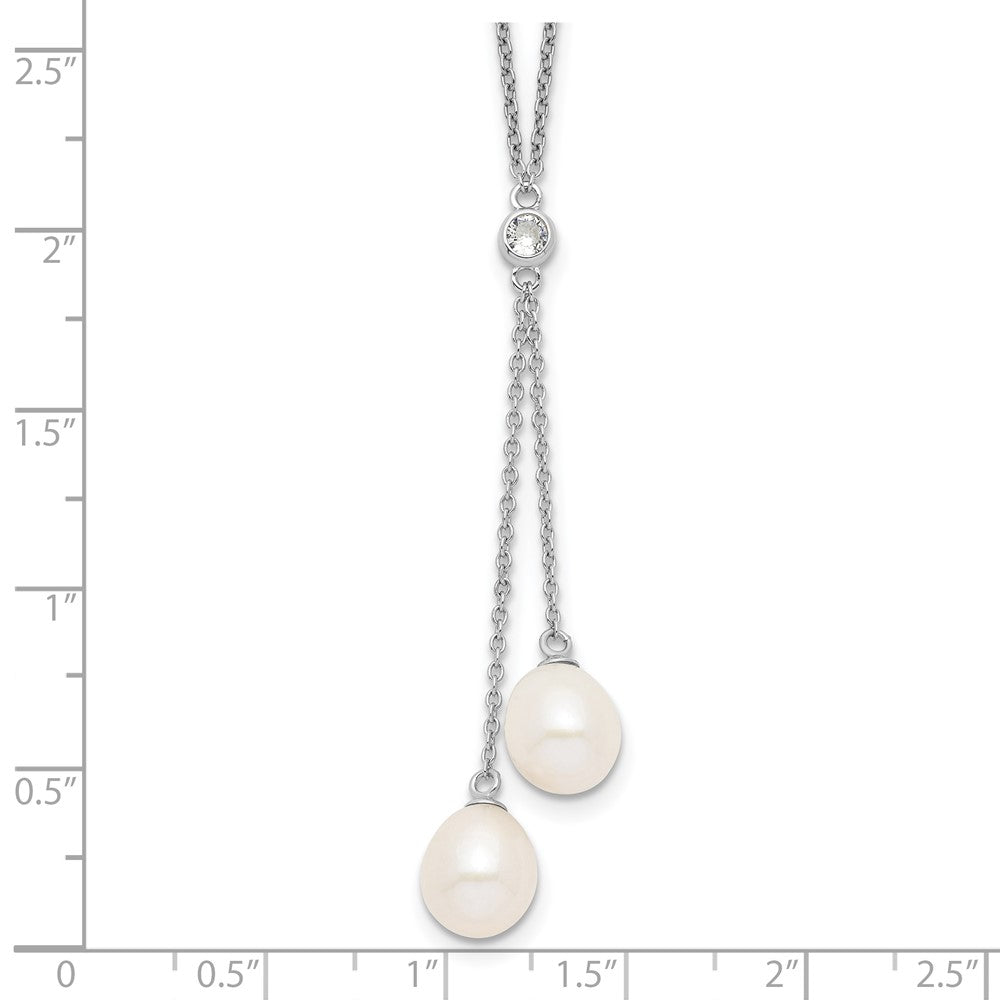 Sterling Silver Rhodium-plated 8-9mm White Rice Freshwater Cultured Pearl and CZ Dangle 18 inch Necklace 18 Inches