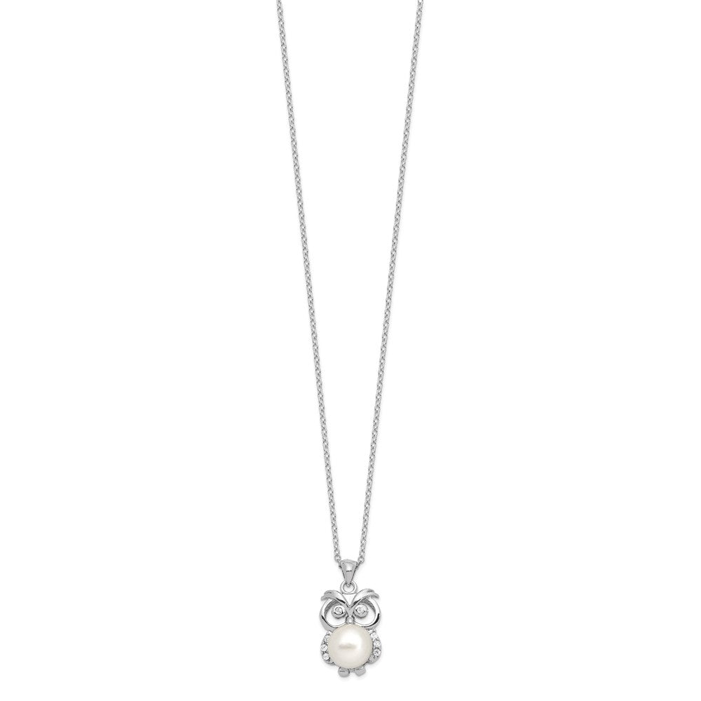 Sterling Silver Rhodium-plated 8-9mm White Button Freshwater Cultured Pearl and CZ Owl 17 inch Necklace 17 Inches