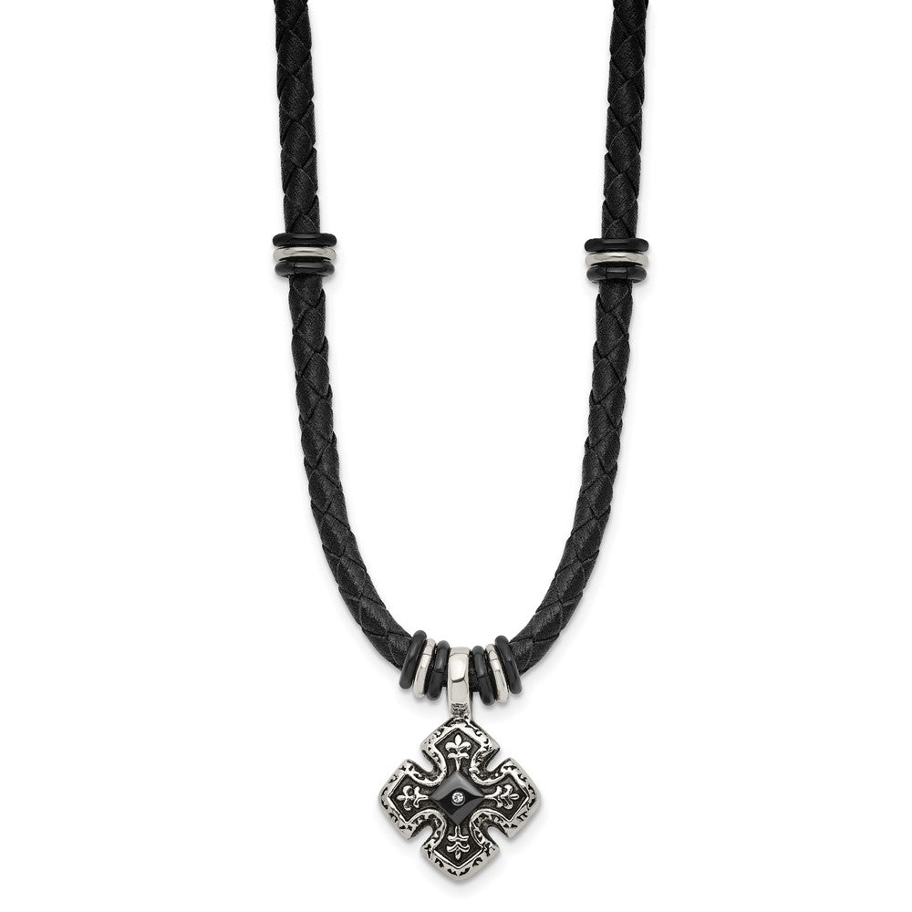 Stainless Steel Polished Black IP w/CZ Black Leather 21in Necklace