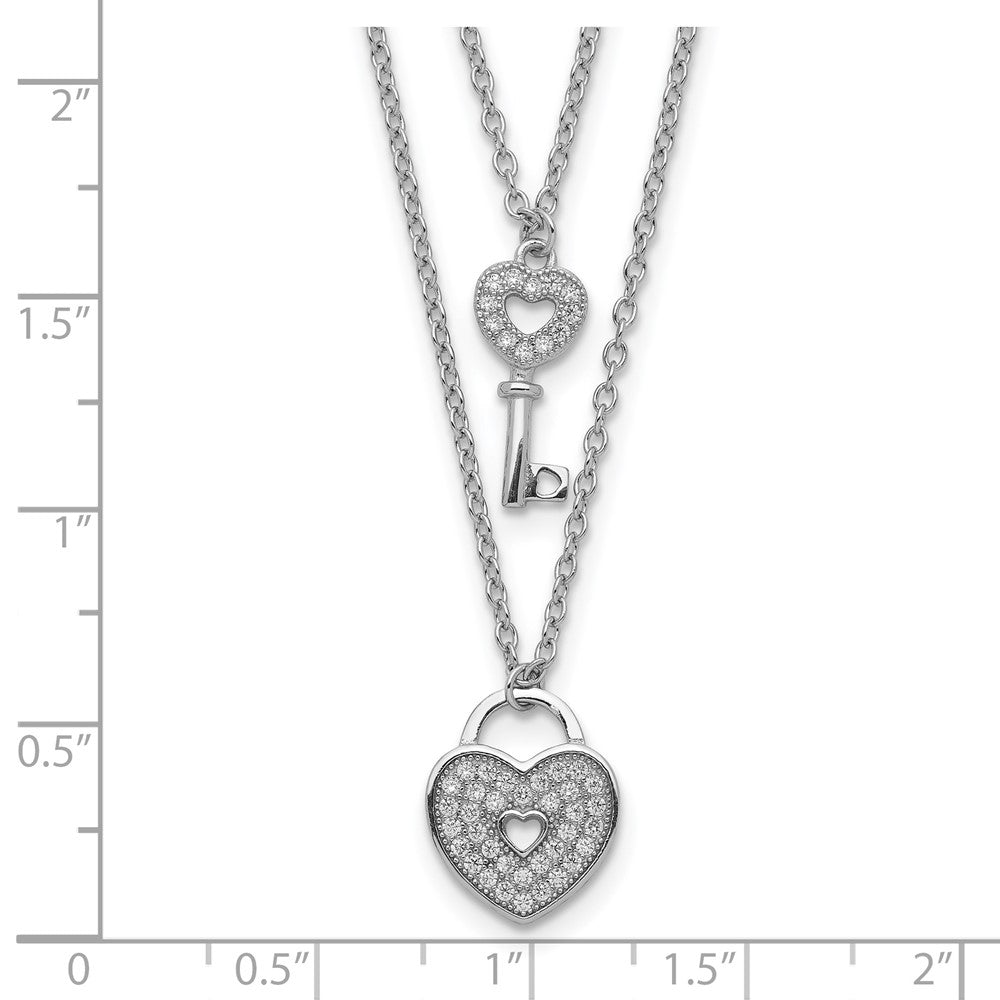 Sterling Silver Rhodium-plated CZ Heart Lock/Key w/2in ext Necklace 16 Inches