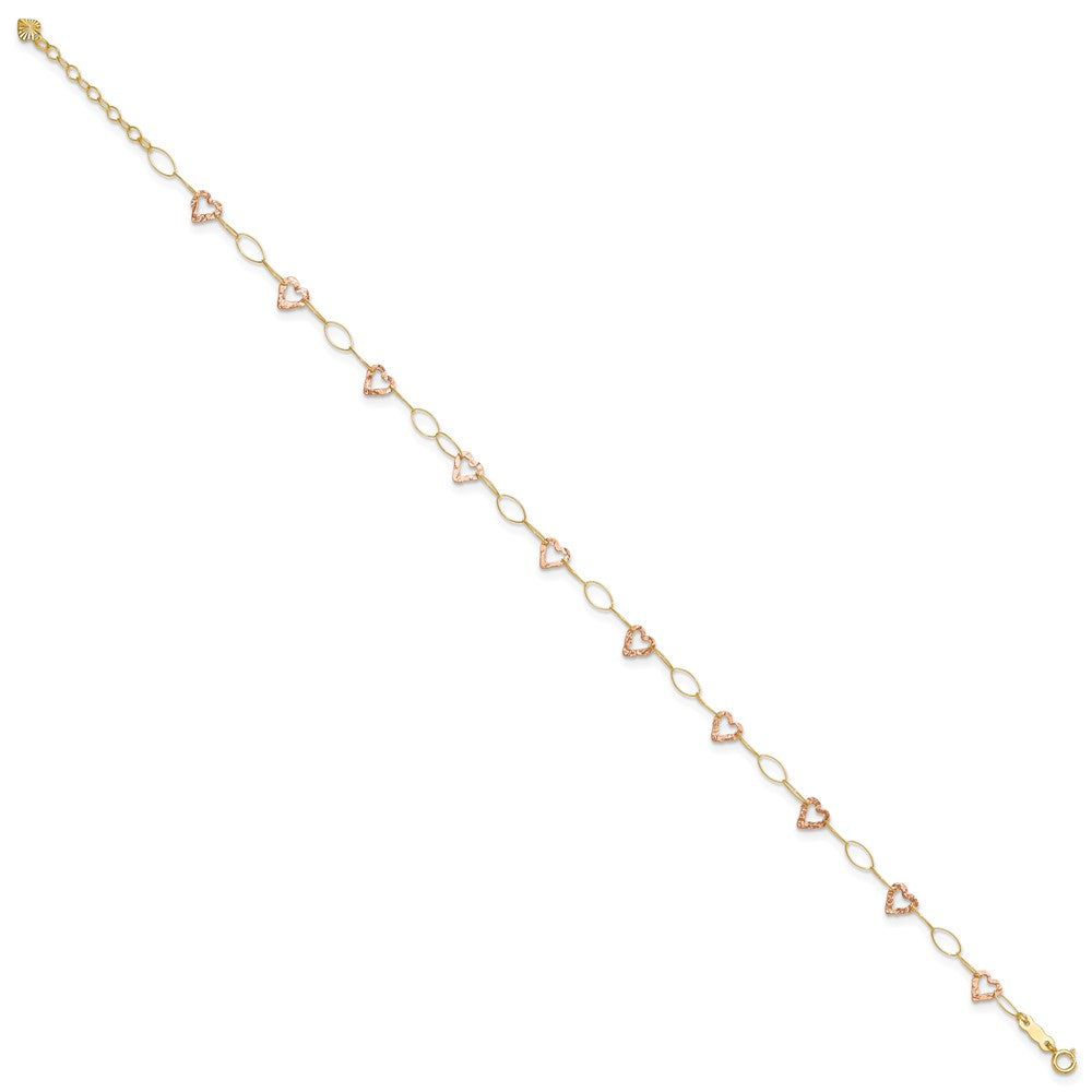 14k Two-tone Adjustable Heart 9in Plus 1in extension Anklet 9 inches