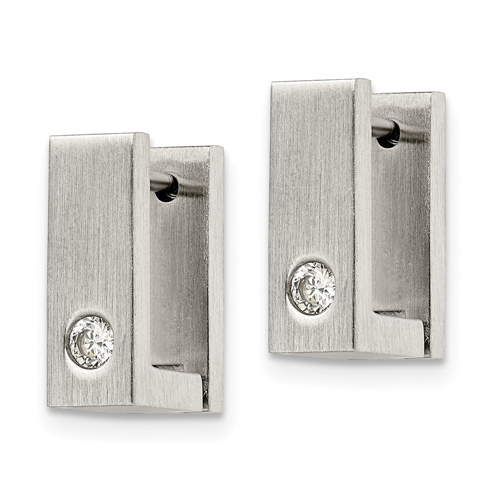 Stainless Steel Brushed & Polished w/CZ 4mm Square Hinged Hoop Earrings