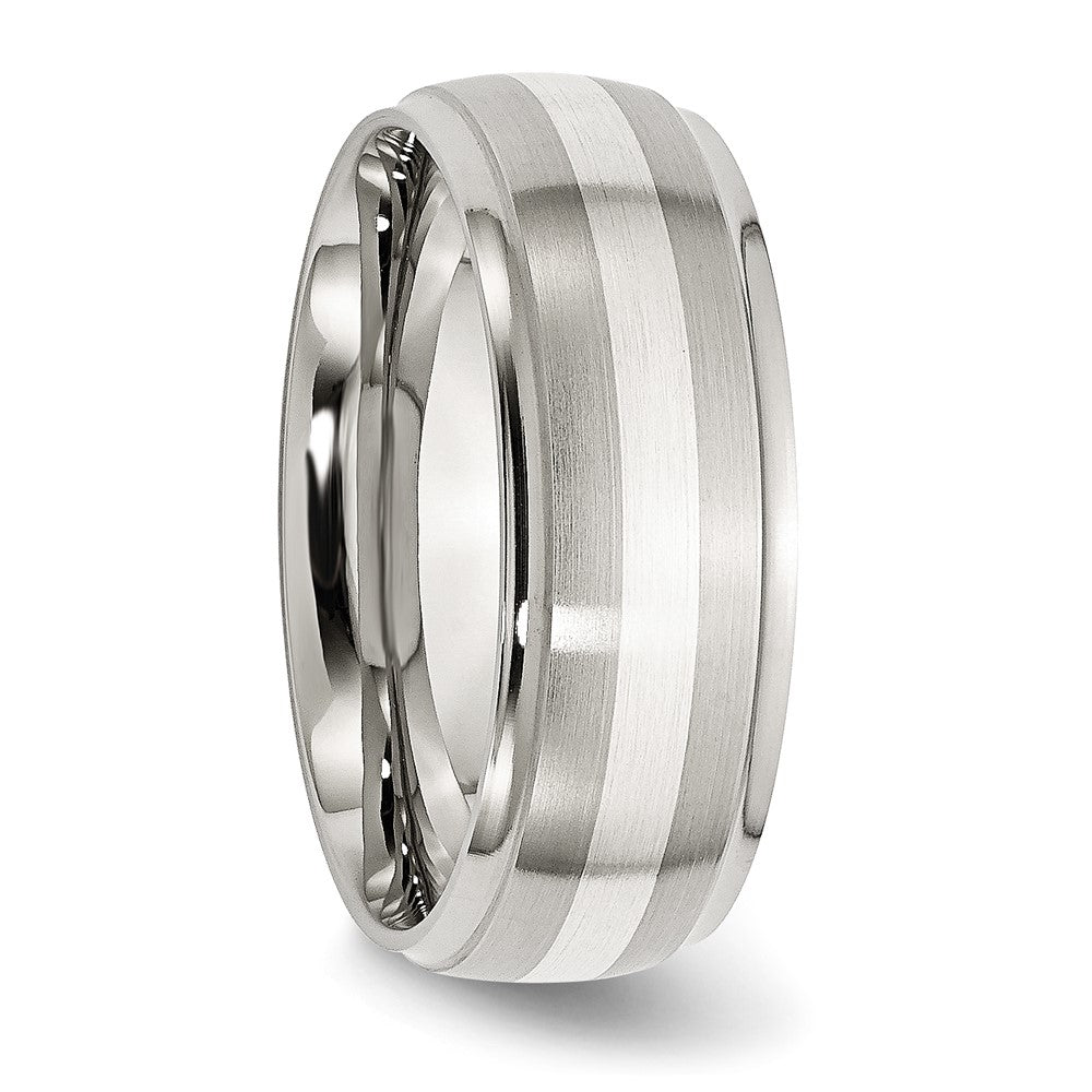 Stainless Steel Sterling Silver Inlay Brushed/Polished 8mm Ridged Edge Band Size - 12