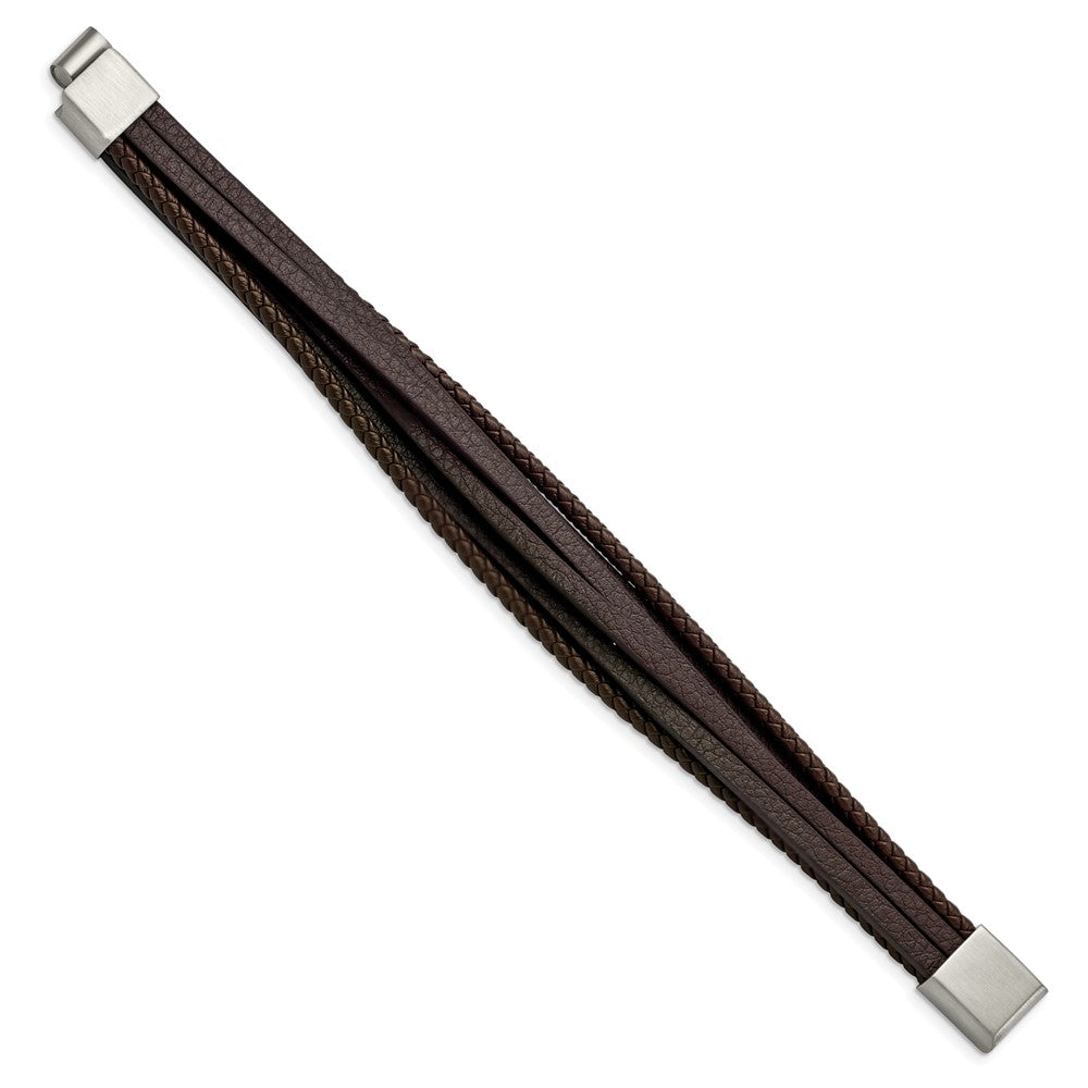 Stainless Steel Brushed Brown Leather Multi Strand 8in Bracelet 8 inches