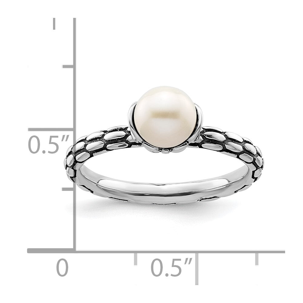Sterling Silver Stack Exp. Polished Patterned White FW Cultured Pearl Ring Size -9