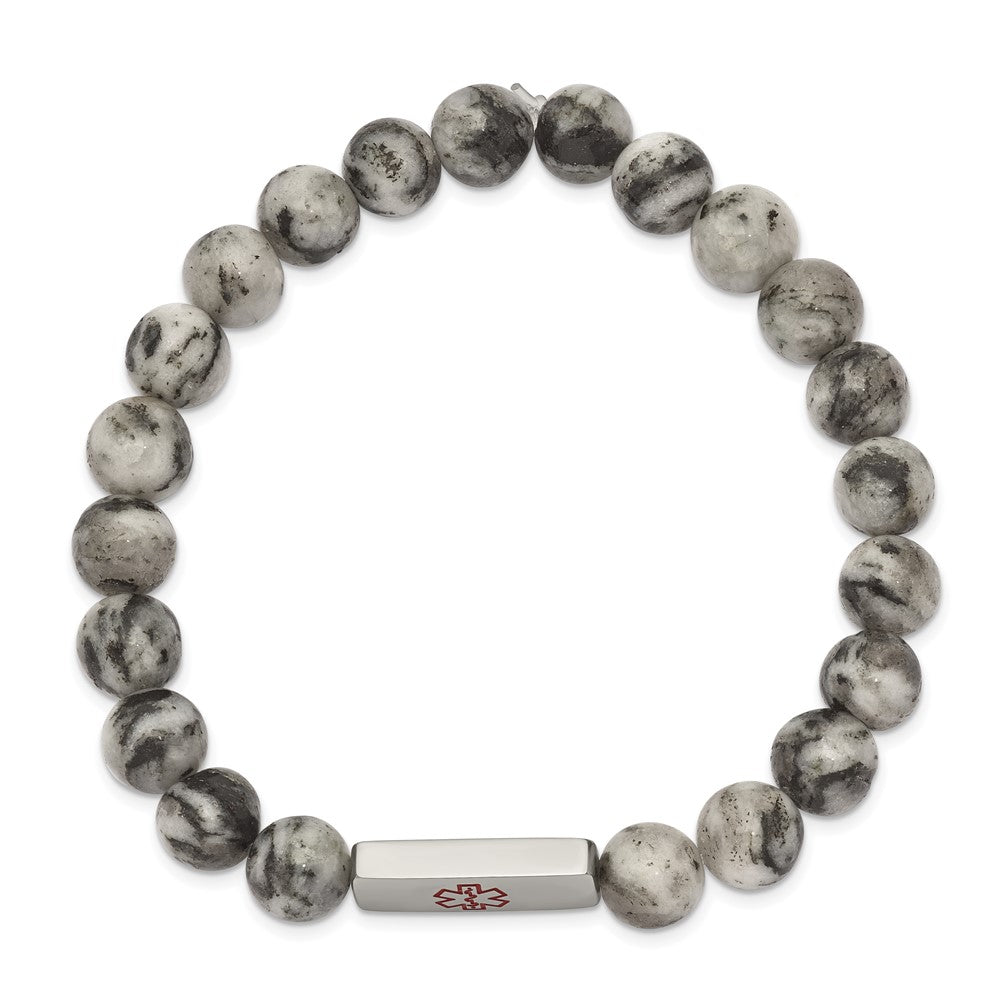 Stainless Steel Polished Enamel Medical ID Lotus Jasper Stretch Bracelet