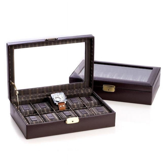 Brown Leather Glass Lid Fabric-Lined Locking 10-Watch Case GM8753