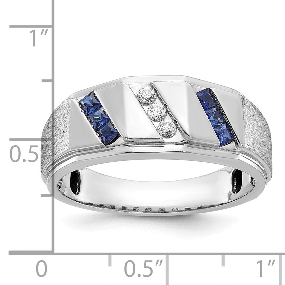 14k White Gold IBGoodman Men's Satin Lab Created Sapphire and 1/10 carat Diamond Complete Ring Size 10