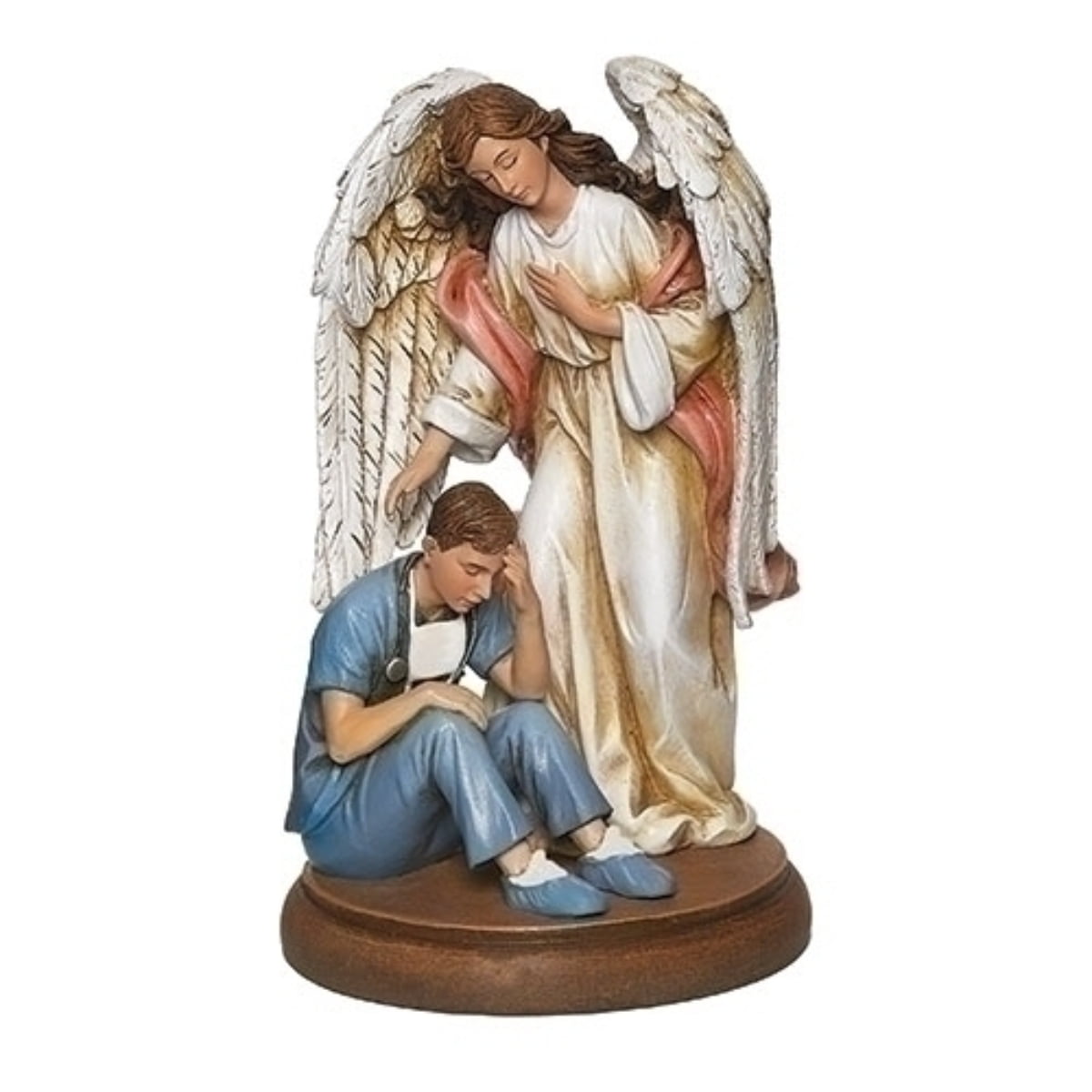 7.25" White and Blue Guardian Angel with Male Religious Tabletop Figurine