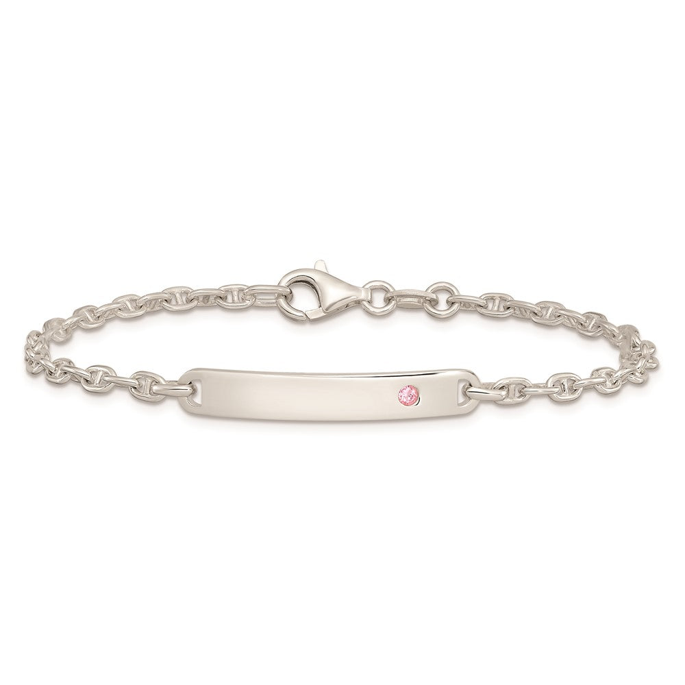 Sterling Silver Polished ID with Pink CZ Bracelet 7.5 inches