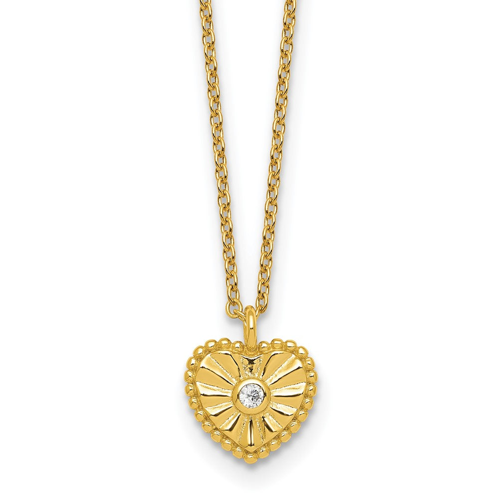 Sterling Silver Gold-tone Polished Beaded and Textured CZ Heart 16 Inch with 2 Inch Extension Necklace 16 Inches