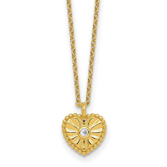 Sterling Silver Gold-tone Polished Beaded and Textured CZ Heart 16 Inch with 2 Inch Extension Necklace 16 Inches