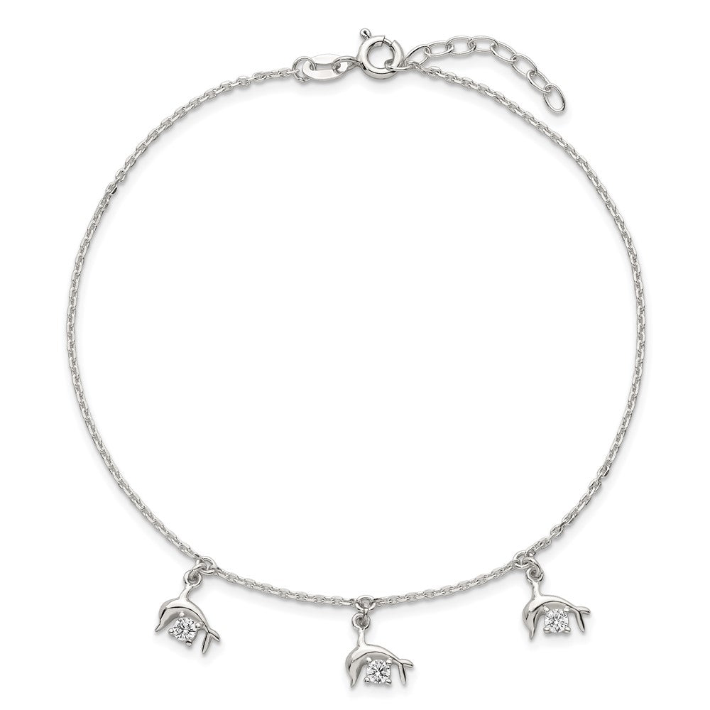 Sterling Silver Polished White CZ Dolphin Dangles 9 inch with 1 inch Extension Anklet