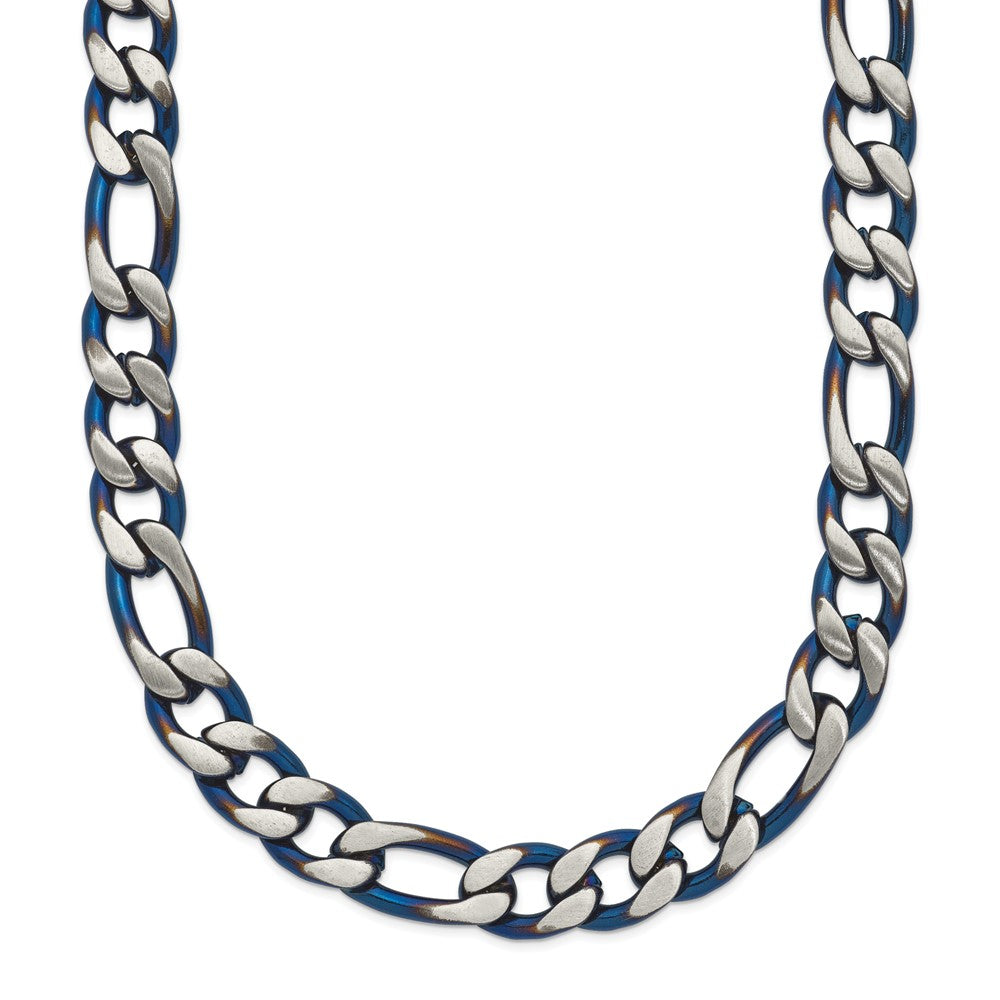 Chisel Stainless Steel Brushed and Polished Blue IP-plated 7.5mm 26 inch Figaro Chain Necklace